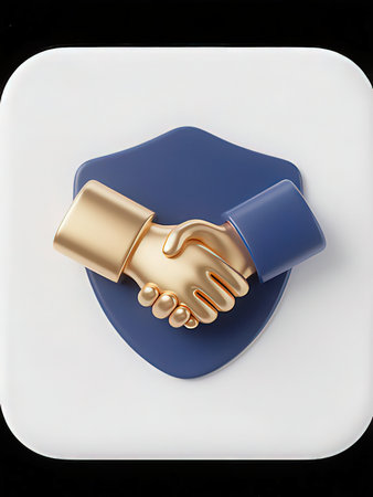 3d rendering of handshake in blue and gold on white background.