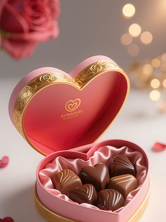 Heart-shaped box with chocolates on a white background.
