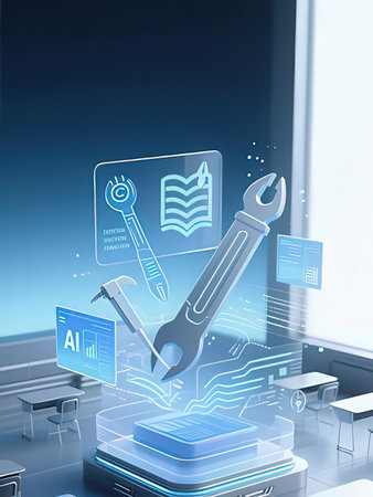 Digital composite of Wrench and icons in front of a blue background