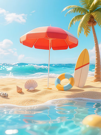 beach with surfboard, lifebuoy and palm tree - 3d illustrationの写真素材