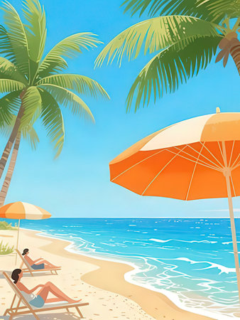 illustration of a beach with palm trees and sun loungers
