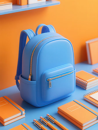 Blue school backpack with books and notebooks on orange background. 3d render