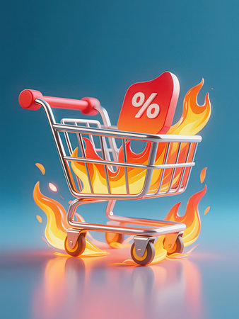Shopping cart with percent sign on blue background. 3d illustrationの写真素材