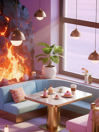 Interior of a modern cafe with a blue sofa, a coffee table, a cup of coffee and a plant in a pot.