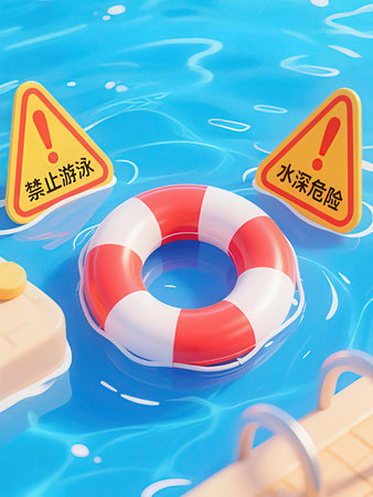 Life buoy in swimming pool with warning signs. 3D illustration.