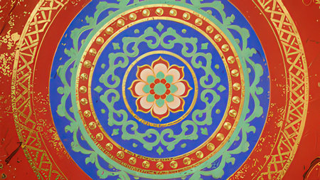 Colorful oriental pattern on the wall of the temple in Thailandの写真素材