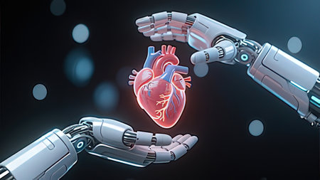 Robot hand holding human heart on dark background 3D rendering.の写真素材