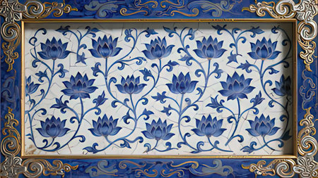 Blue floral pattern on the wall of the palace in Seville, Spain
