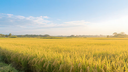 Rice field with blue sky in the morning. Nature background.