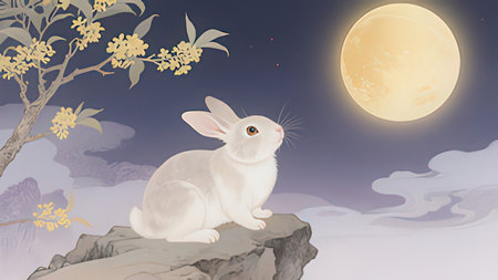 Illustration of a white rabbit sitting on a rock with a full moon in the backgroundの写真素材