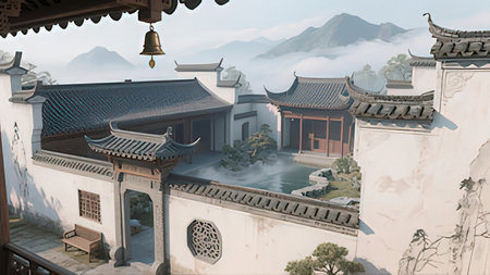 3d illustration of chinese temple in the morning with fog.