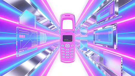 3d rendering of a mobile phone in a futuristic corridor with neon lights