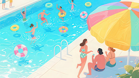 Swimming pool with people. Top view. Vector illustration in cartoon style.の写真素材