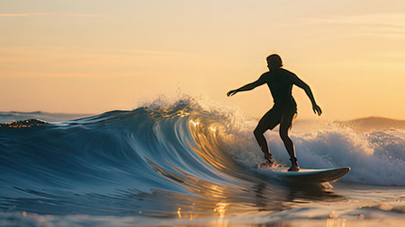 Surfer on the ocean wave at sunset, extreme sport and active life concept