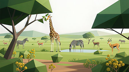 African safari background with giraffe, zebras, zebra, giraffe and wild animals. Vector illustrationの写真素材