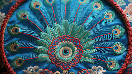 Close up detail of colorful peacock feathers on turquoise background