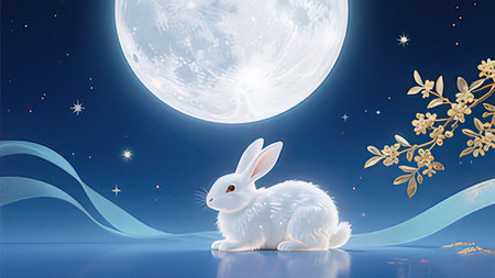 3D illustration of a white rabbit sitting and looking at the moonの写真素材