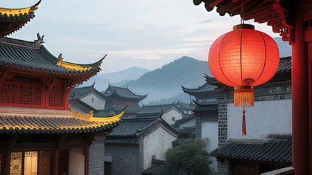 chinese temple in the morning with red lantern and mountain background.の写真素材