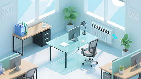 Interior of modern office. Workplace with computer, desk and chair. Workplace. 3D renderingの写真素材