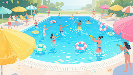 People in swimming pool vector illustration. Cartoon people swimming in swimming pool with inflatable rings, sunbeds and umbrellas.の写真素材