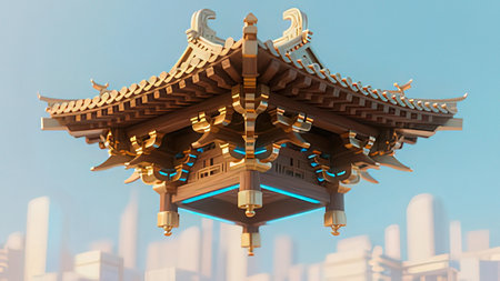 3d illustration of a chinese temple in the sky background.の写真素材