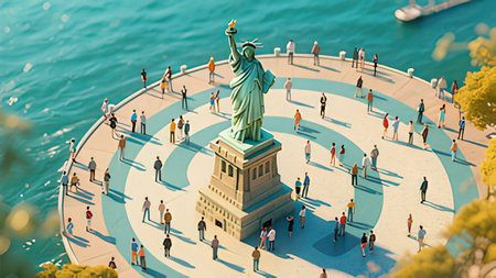 Statue of Liberty and crowd of people. 3D rendering.の写真素材