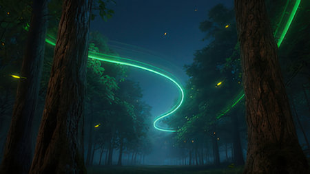 Fantasy landscape of foggy forest at night. 3D rendering