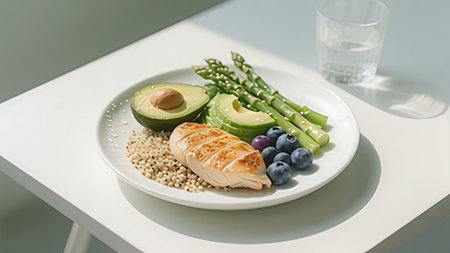 Healthy breakfast with avocado, blueberry, asparagus and chicken breastの写真素材