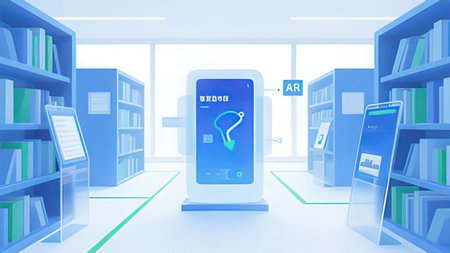 Vector illustration of modern library with bookshelf and smartphone with text.