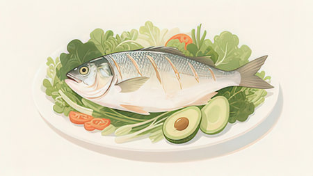 Illustration of a fresh fish with vegetables on a white plate.