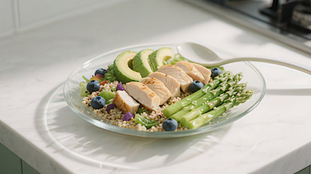 Healthy salad with quinoa, avocado, cucumber, blueberries and chicken breast