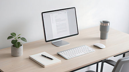 Workplace with computer, stationery and coffee cup on wooden table