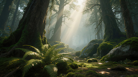 Beautiful misty forest with ferns and sunbeams