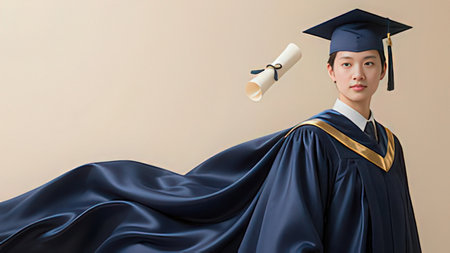 young asian man in graduation gown with diploma on beige backgroundの写真素材