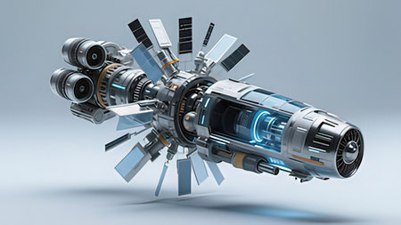 3D rendering of a space ship with solar panels and solar panels