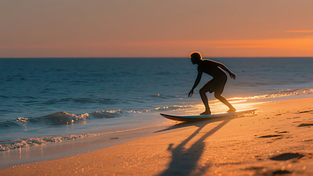 Surfer on the beach at sunset. Silhouette of surfer