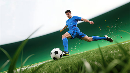 Soccer player in jump kicking ball on green field under blue skyの写真素材