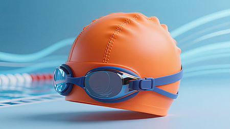 Orange swimming cap and goggles on a blue background. 3d rendering