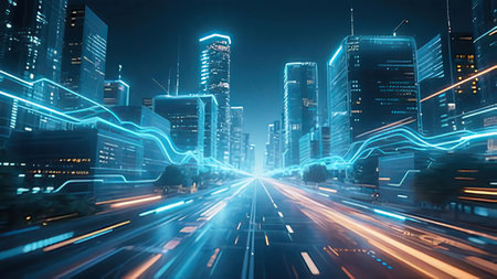 Highway in modern city at night with glowing lights, 3d rendering