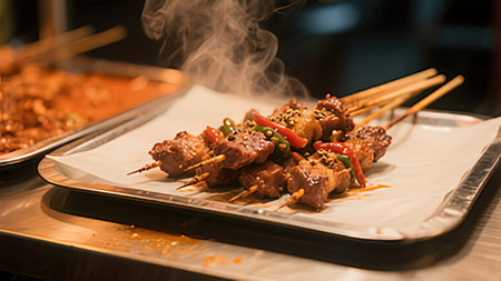 Skewers on a plate with chopsticks in a restaurantの写真素材