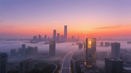 Aerial view of foggy morning in Shenzhen.の写真素材