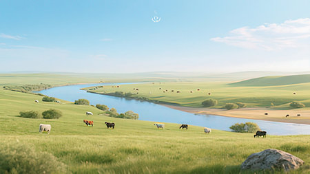 Cows grazing on a green meadow near the river. Panoramaの写真素材