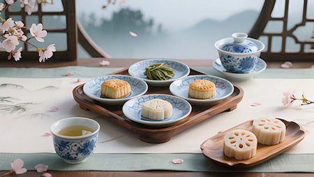 Mid Autumn Festival, moon cake and tea on wooden table with mountain background