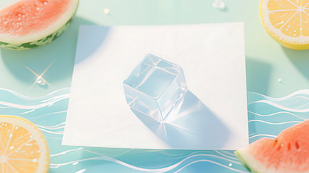 Ice cube with lemon and watermelon on blue background, top view