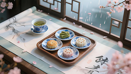 3d rendering chinese tea ceremony with moon cake and tea cupの写真素材