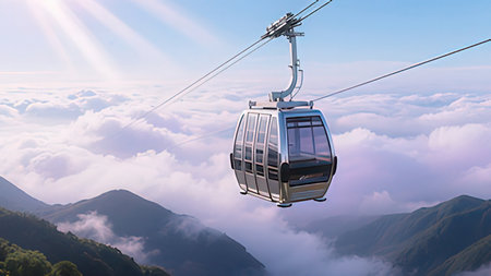 Cable car in the mountains against the background of clouds. 3d renderの写真素材