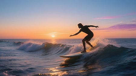 Surfer on the ocean wave at sunset. 3d render illustrationの写真素材