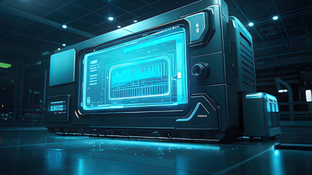 Futuristic server with glowing hologram. 3D Rendering
