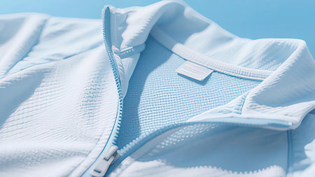 Close up of blue sportswear for men on blue background.の写真素材