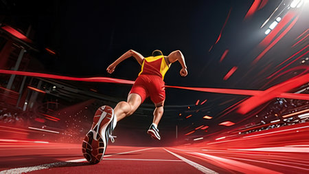 Running man in red sportswear on stadium track. Mixed mediaの写真素材